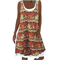 Women's Loose Swing Round Neck Trendy Dress Sleeveless Knee Length Casual Summer Leopard Print Flowy Beach Sundress