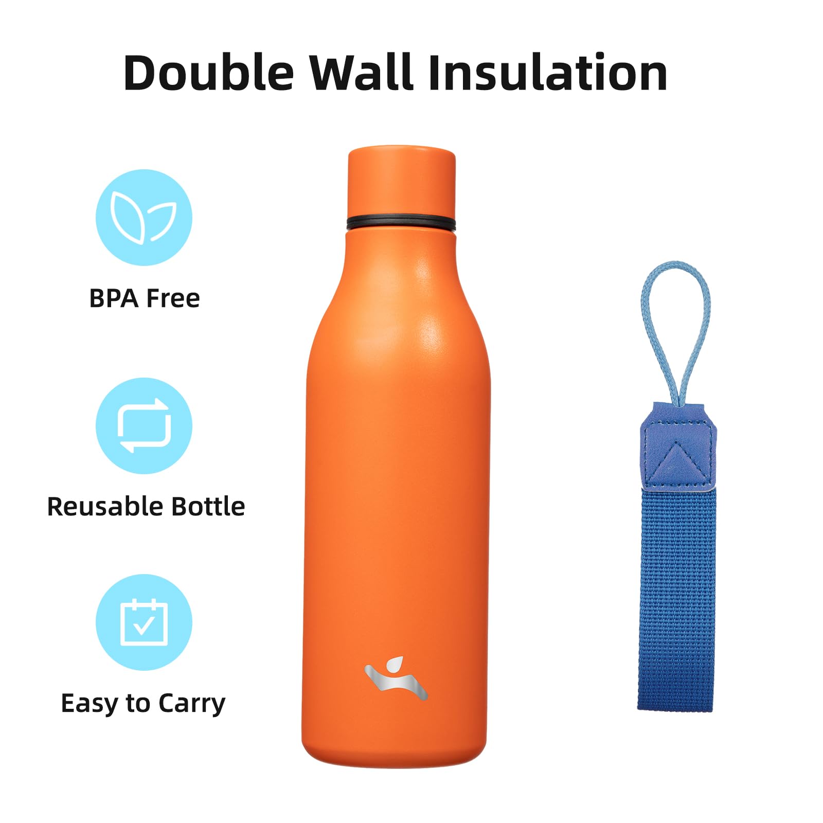 Konokyo Insulated Water Bottle with Strap,18oz Double Wall Stainless Steel Vacuum Bottles Metal Water Flask,Orange