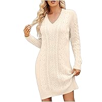 Women Basic V Neck Long Sleeve Sweater Dress Casual Bodycon Knit Mini Pullover Tunic Dress Dressy Comfy Sheath Dress
