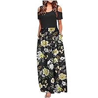 Maxi Dress for Womens Floral Casual Summer Shoulder Short Sleeve Long Boho Beach Dresses Going Out Tshirts Dress with Pockets