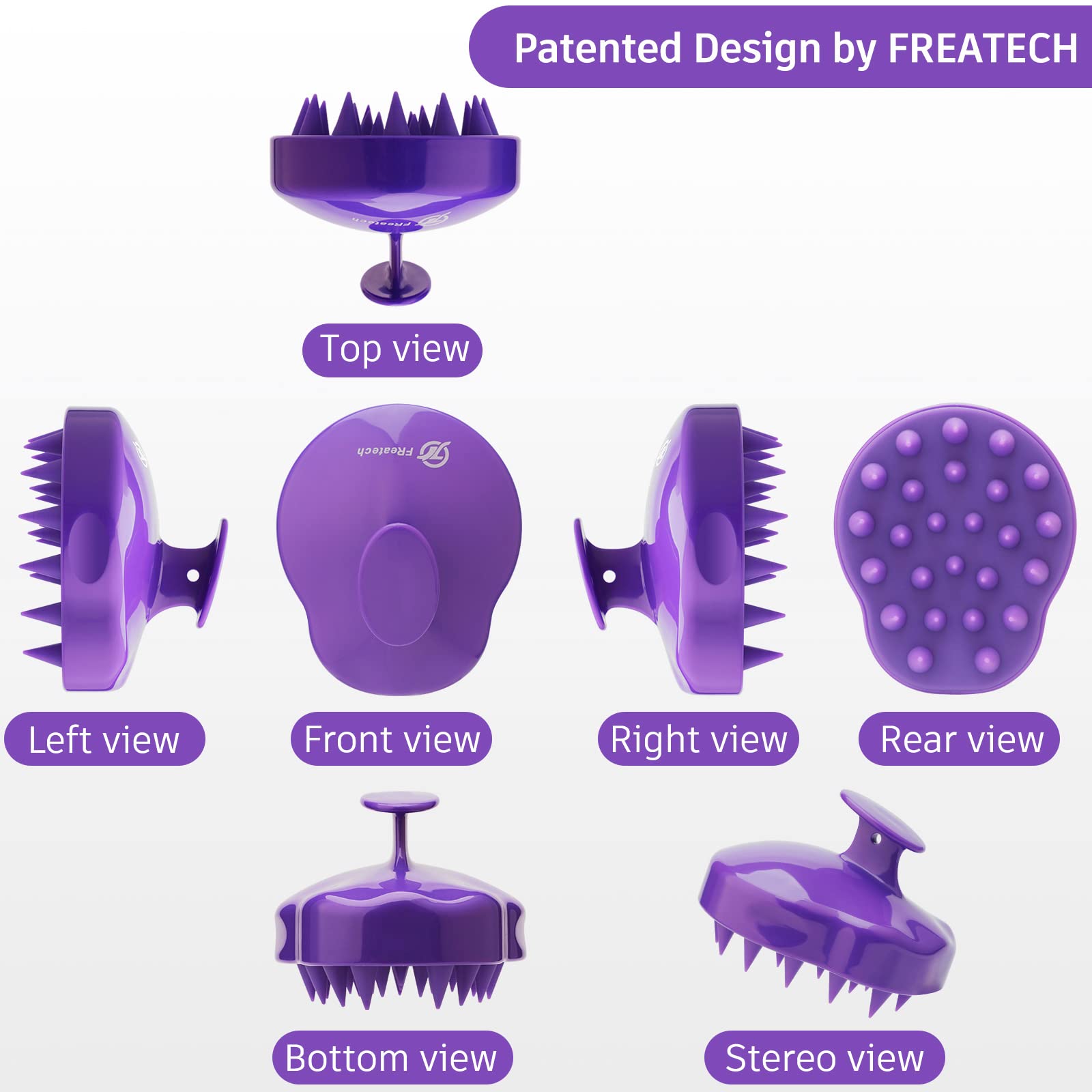 FREATECH Hair Scalp Massager Shampoo Brush with Soft Silicone Bristles for Scalp Care and Hair Growth, Shower Head Scalp Scrubber Exfoliator for Dandruff, Wet & Dry for Men, Women and Kids, Purple