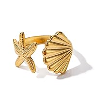 Bohemian Style Starfish Shell Opening Adjustable Finger Ring for Women Gold Plated Stainless Steel Jewelry Summer Beach Ocean Series Party Music Festival Creative Ring Decoration
