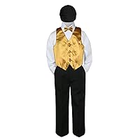 5pc Formal Baby Toddler Boys Gold Vest Set Black Pants Suits Hat S-4T (2T)