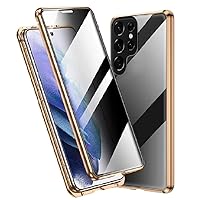 Guppy Anti Peeping Case for Galaxy S24 Ultra, 360 Degree Front and Back Clear Protector Privacy Tempered Glass Full Body Protection Magnetic Adsorption Metal Bumper Frame Flip Cover (Gold)