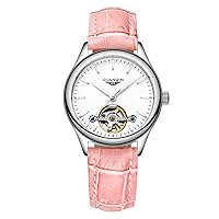 Women Automatic Self Winding Wrist Watch with Scratch-Resistant Sapphire Crystal Lens Steel Leather Bracelet