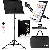 CAHAYA 5 in 1 Dual-use Sheet Music Stand & Desktop Book Stand Metal Portable Solid Back Height Adjustable from 31.4-57in with Book Stand Support, Carrying Bag, Sheet Music Folder and Clip