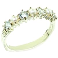 10k White Gold Cultured Pearl & Aquamarine Womans Eternity Ring