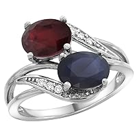 10K White Gold Diamond Enhanced Ruby & Natural Blue Sapphire 2-stone Ring Oval 8x6mm, sizes 5 - 10