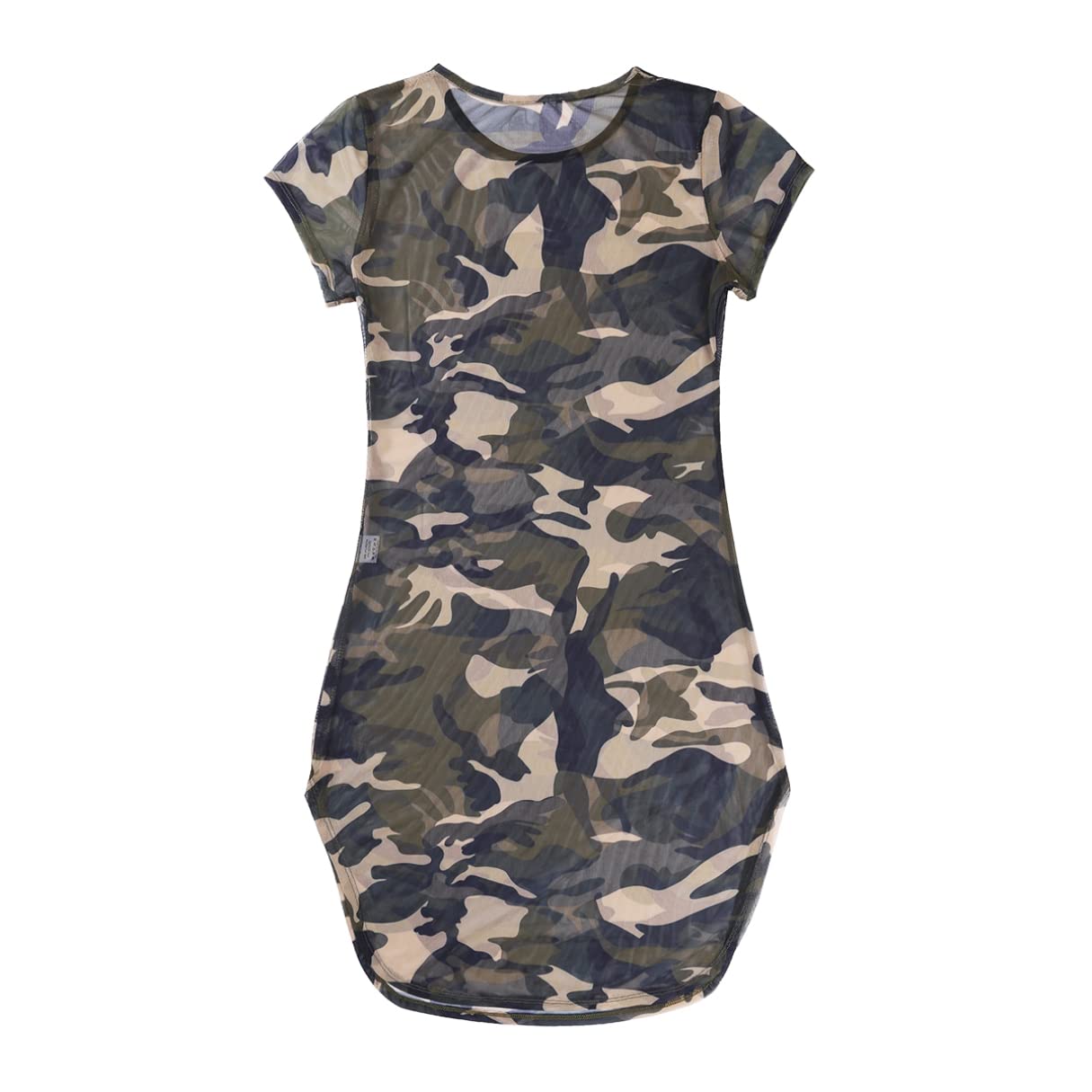 iiniim Womens Lingerie Camouflage Side Slit Sheer Mesh See Through Chemise Mini Dress