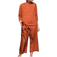 Womens 2 Piece Linen Outfits Casual Summer Set 3/4 Sleeve Shirts and Wide Leg Pants Set Loose Lounge Sets Resort Wear