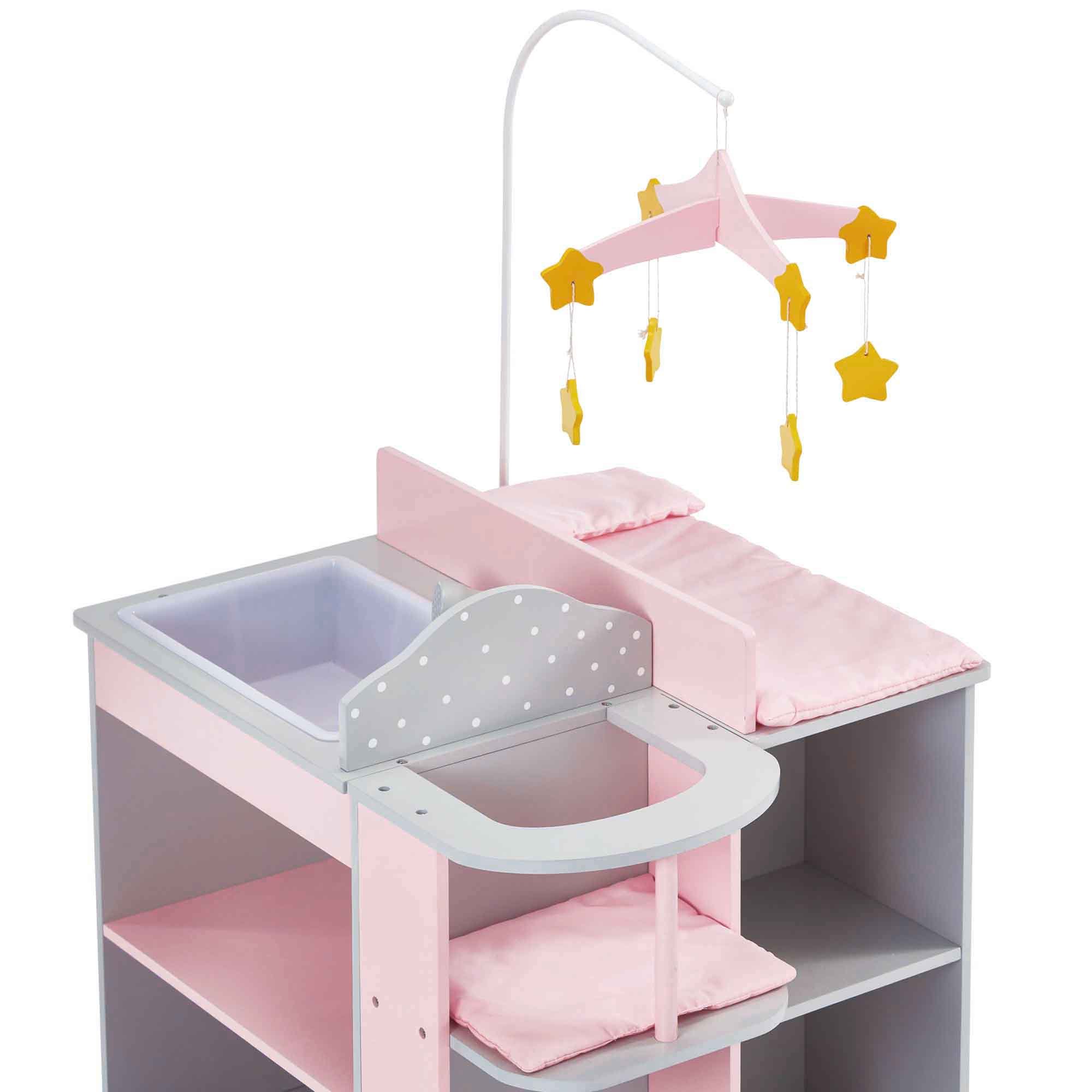 Olivia's Little World Baby Doll Changing Station, Baby Care Activity Center, Role Play Nursery Center with Storage for Dolls High Chair, Accessories for up to 18 Inch Dolls, Pink/Gray