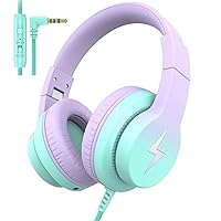 Kids Headphones, Wired Headphones for Kids Over Ear with Microphone, 85/94dB Volume Limiter Headphones for Girls Boys with Sharing Jack, Foldable Headphones for Online Study,Gradient Purple