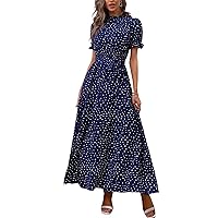 Women's 2023 Summer Dress Polka Dot Print Flounce Sleeve Belted A-Line Maxi Dresses