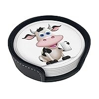 6Pcs Drink Coasters for Drinks Tabletop Protection, Cartoon Milk Cow Leather Coaster with Holder, Absorbent Cup Coaster for Coffee Table Home Decor 4