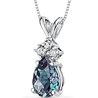 PEORA Created Alexandrite with Genuine Diamonds Pendant for Women 14K White Gold, Color-Changing Pear Shape, 7x5mm, 1 Carat total