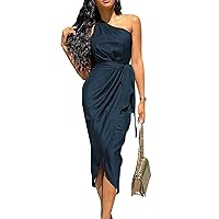 PRETTYGARDEN Women's 2024 Summer Ruched Bodycon Dress Sleeveless One Shoulder Wrap Satin Belted Cocktail Midi Dress