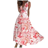 Dresses for Women 2024 V Neck Casual Long Dress Boho Waist Retraction Printed Cute Beach Dress Maxi Swing Sun Dress