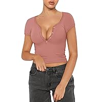 Women's Summer Blouses Sexy Short Sleeve T Shirts V Neck Button Up Casual Basic Slim Fitted Ribbed Knit Tops, S-XL