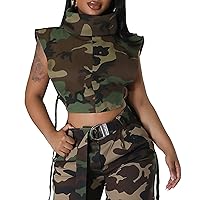 Womens Sexy Cargo Denim Vest Mock Neck Y2k Crop Tops Sleeveless Side Buckle Jean Vests Camo Green