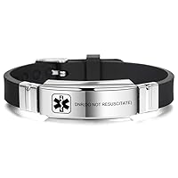 Bracelet Custom Engraved Silicone Adjustable Sport ID Identification Alert for Men Women Stainless Steel - Bundle with Emergency Card, holder (Black, DNR(Do Not Resuscitate))