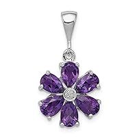 925 Sterling Silver Polished Prong set Open back Rhodium Amethyst and Diamond Flower Pendant Necklace Measures 25x14mm Wide Jewelry for Women