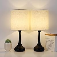 Bedside Table Lamps Set of 2, End Table Top Lamps for Bedroom Living Room with Black Metal Base Ivory White Fabric Lamp Shade for Bedrooms, Living Room (Without Bulb)