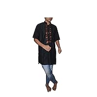 Men's Embroidered Kurta Indian Casual Shirt Cotton Tunic Black Color Half Sleeve