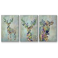 Animals 3 Piece Wall Art Home Prints Cow & Deer with Flowers Abstract White Floater Framed Artwork for Bedroom Office Kitchen - 24
