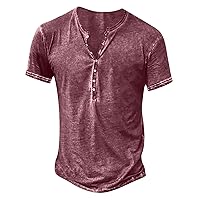 Mens Distressed Henley Shirt, Slim Fit Short Sleeve T Shirts Casual V Neck Button T-Shirt Lightweight Retro Tee Tops