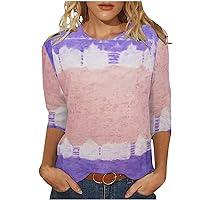 Tie Dye 3/4 Sleeve T Shirt Tops for Women Gradient Shirts Casual Loose Fit Cute Tees Soft Cmofy Crewneck Tops
