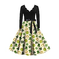 Women's Green Irish Outfits Casual Fashion V-Neck Long Sleeve Printed Vintage Dresses Cute Clover, S-5XL