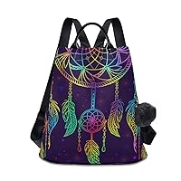 ALAZA Colorful Dream Catcher with Ornament and Night Sky Stars Backpack with Keychain for Woman