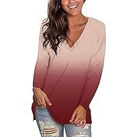 Women's Gradient Color V-Neck Long-Sleeved Top Slim Fit Tshirt Soft Comfortable Blouse Casual Loose Hem Slit Pullover
