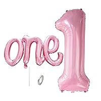 2Pcs Baby Pink One Balloon Set, 40inch Big Giant Large Light Pink Number 1 Balloon and 26inch Script Letter One Balloon Banner, One Balloons for 1st Birthday Decorations for Boy or Girl