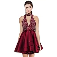 Women's a line Satin Homecoming Dresses with Beadings Short V Neck Prom Party Gowns