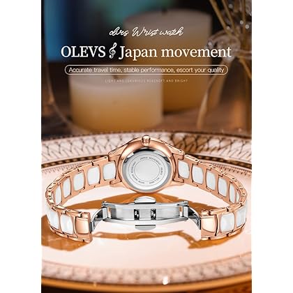 OLEVS Womens Wrist Watches Rose Gold Elegant Ceramic Ladies Watch Set Quartz Stainless Steel Waterproof Luminous