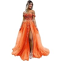 Women's Lace Appliques Tulle Prom Dresses Long Ball Gown Backless Strapless Homecoming Dress with Slit