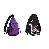 MOSISO Sling Backpack, Multipurpose Garden Flowers Rope Crossbody Shoulder Bag&Canvas Crossbody Hiking Daypack Bag with Anti-theft Pocket, Purple&Black