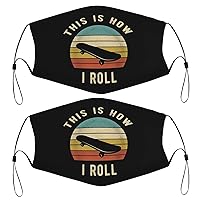 Skateboard Retro Kids Face Masks Set of 2 with 4 Filters Washable Reusable Breathable Black Cloth Bandanas Scarf for Unisex Boys Girls