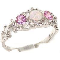 925 Sterling Silver Real Genuine Opal and Pink Tourmaline Womens Band Ring