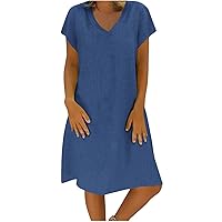 Women's Cotton Linen Knee Length Dress V Neck Short Sleeve Causal Loose Tshirt Dresses Summer Loose Shift Tunic Dress