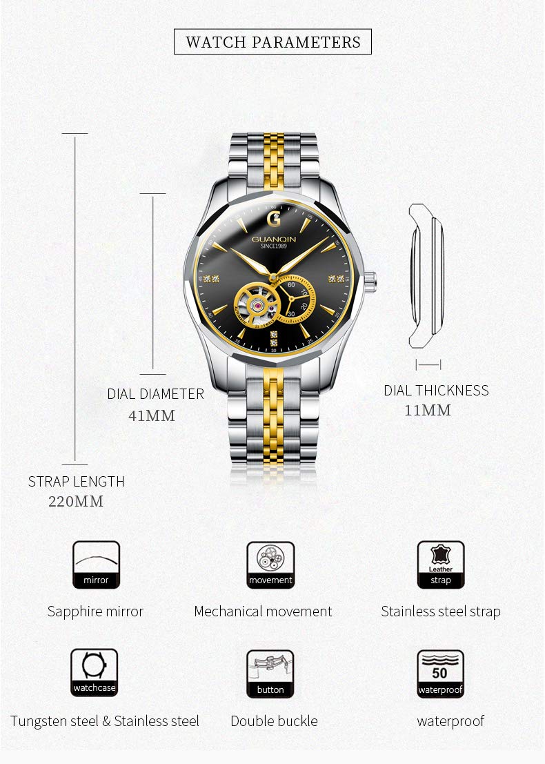 Guanqin Men Skeleton Automatic Self Winding Wrist Watch with Rhinestone Dial Tungsten Steel Band Luminous