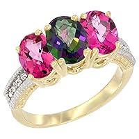 10K Yellow Gold Natural Mystic Topaz & Pink Topaz Sides Ring 3-Stone Oval 7x5 mm Diamond Accent, Sizes 5-10