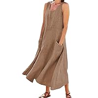 Women's Casual Solid Color Sleeveless Round Neck Cotton Linen Maxi Dress with Pockets,Womens Summer Dresses