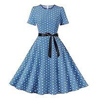 1950s Dresses for Women Fashion Casual Slim Fit Polka Dot Round Neck with Belt Short Sleeve Dress