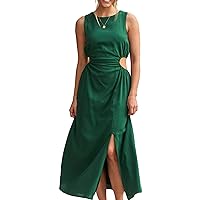 Long Linen Dress for Women Cutout Waist Slit Maxi Dress Summer Casual Crewneck Sleeveless Tank Dress Work Office Dress