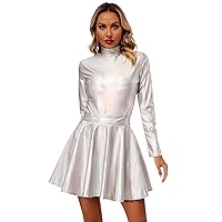 YiZYiF Womens Shiny Holograhic Long Sleeve Bodysuit with Flared Mini Skater Skirt Dance Dress Outfit