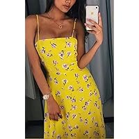 Women's Sling Dress with Floral Print Adjustable Sexy Spaghetti Strap Dress S Yellow