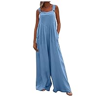 UOFOCO 2024 Summer Linen Women's Casual Loose Overalls Jumpsuits One Piece Sleeveless Wide Leg Long Pants Rompers