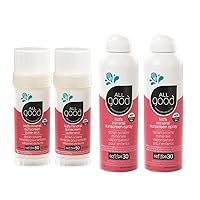 All Good Baby & Kids Mineral Face & Body Sunscreen - UVA/UVB Broad Spectrum, Coral Reef Friendly, Water Resistant, Zinc Oxide - (2) SPF 50 Butter Sticks & (2) SPF 30 Sprays